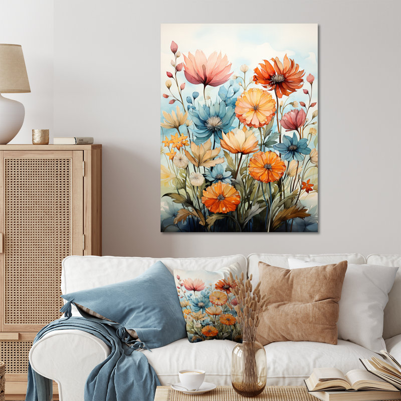 Décoration murale en métal orange pétales bleus et beauté, H 20 po x l 12 po x P 1 po