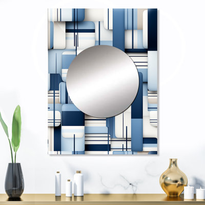 White And Blue Geometric Blocks Harmony - Geometric  Decorative Mirror, Modern Wall Mirror, Printed Metal Art