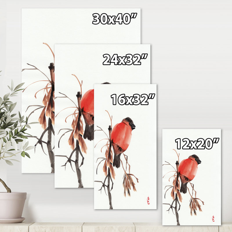 Bouvreuil rouge sur une branche - peinture sur toile, H 32 po x l 24 po x P 1 po, Toile tendue