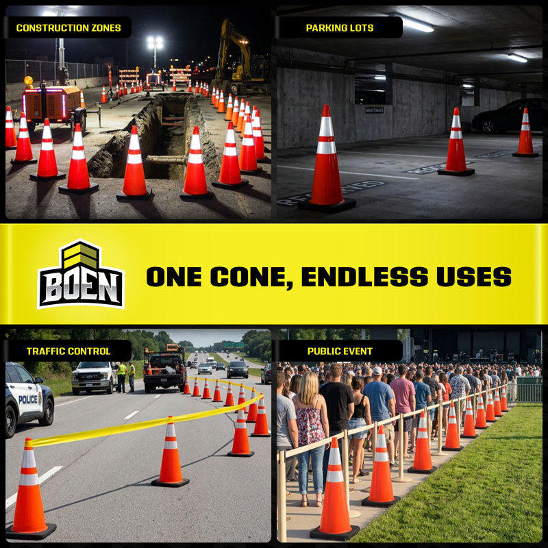 Cônes de signalisation orange Boen de 91 cm (36 po), conformes à la norme MUTCD, avec 2 colliers réfléchissants et une base de 4,5 kg (10 lb) pour les travaux routiers, le stationnement et la signalisation routière.