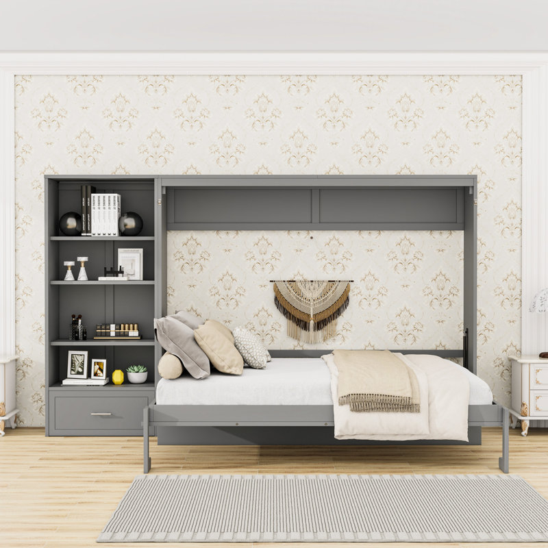 Grand lit escamotable avec compartiments de rangement réglables, tiroir et tablettes, gris