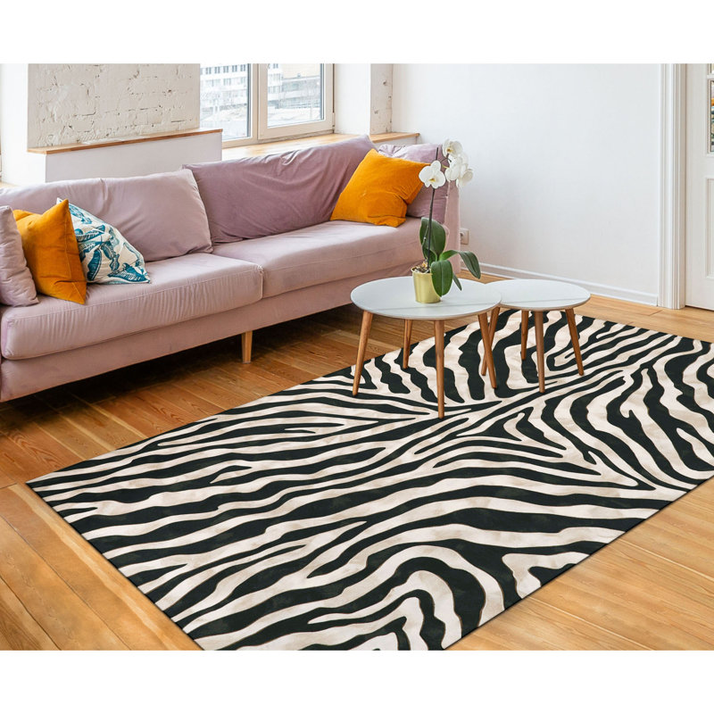 Tapis touffeté à la main à imprimé animal en polyester noir / ivoire, Rectangle 8 pi x 10 pi