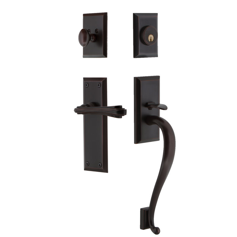 Nostalgic Warehouse New York Plate S Grip Handleset with Single Cylinder Deadbolt and Fleur Lever, Timeless Bronze, Left