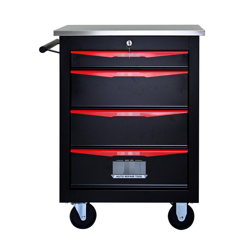 4 chariots à outils multifonctionnels, rangement pour atelier de garage, noir et rouge, couvercle en acier inoxydable, construction, chariot en métal de 4 po sur roulettes, organisateur, toit, acier thermolaqué, capacité de tiroir de 15 kg, avec