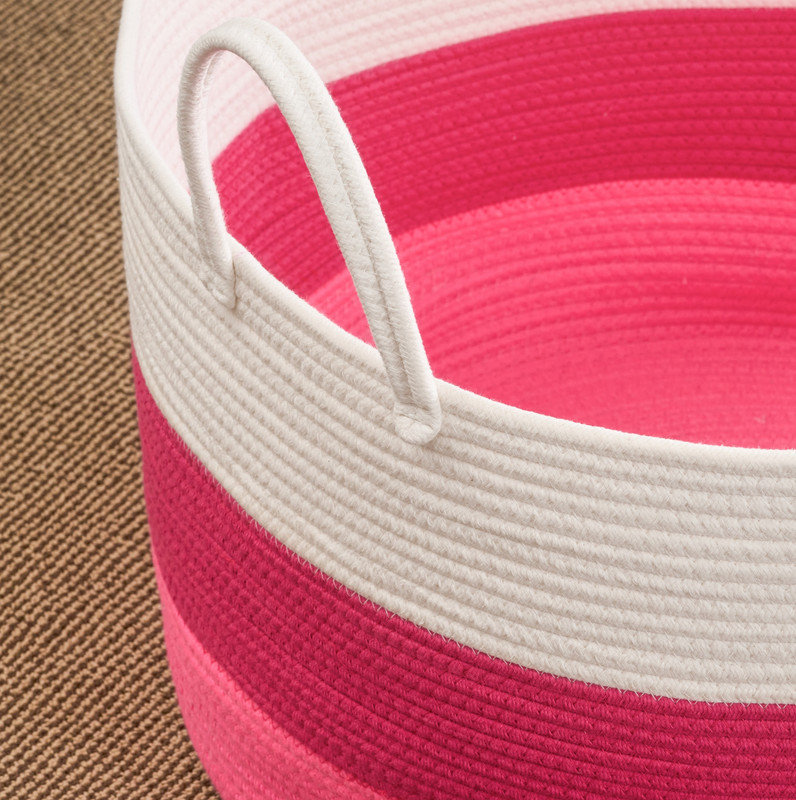 Panier à linge rond en coton blanc, Blanc / Rose