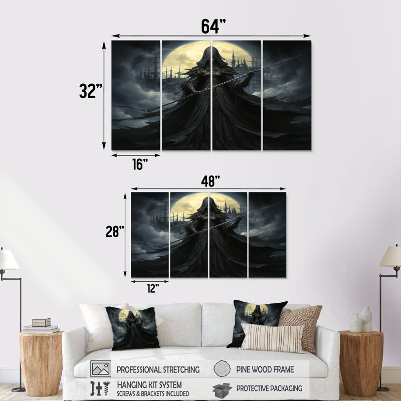 Enchanting Charcoal Witches I - Ensemble de 4 pièces d'art mural, H 32 po x l 64 po