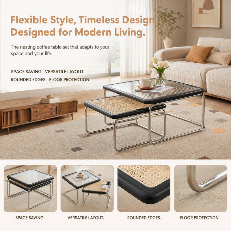 Modern Nesting Coffee Table, Space-Saving 2-Piece Set