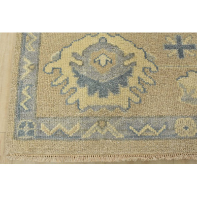 Tapis beige / bleu en laine noué à la main de conception unique 7 pi 8 po x 9 pi 10 po
