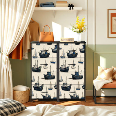 Commode de rangement verticale 4 tiroirs avec voiliers rétro en bois
