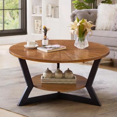 Round Wood Coffee Table For Living Room, 2-Tier Rustic Circle Table With Storage Shelf, Solid Natural Wood Top With Y-Shaped Metal Base