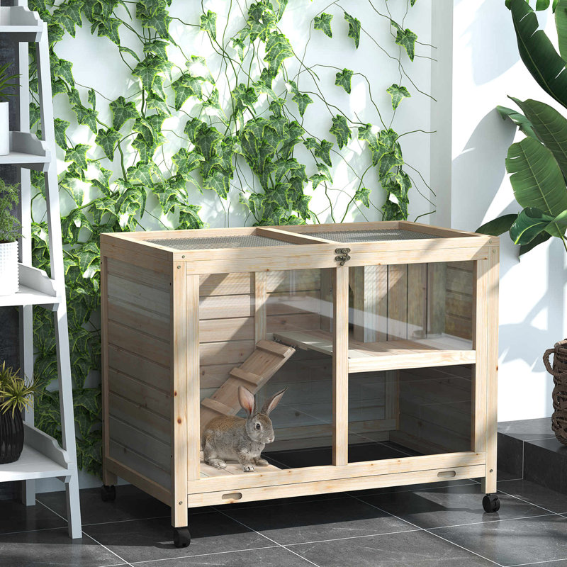 Cage à lapin d'intérieur avec roues mobiles - Bois naturel, imperméable, compacte