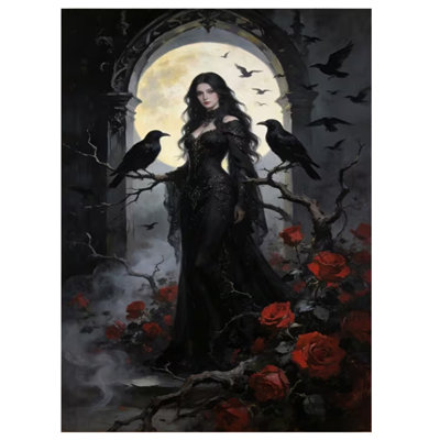 2D Flat, 1pc Gothic Witch & Crow Wall Panel - Wood Frame Wrap-Around Suitable for Home, HD Printed Dark Mural Decor.