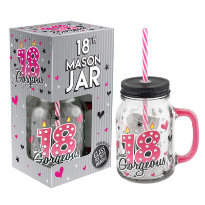 21st Birthday Mason Jar With Metal Lid Glass Handle and Pink/White Straw