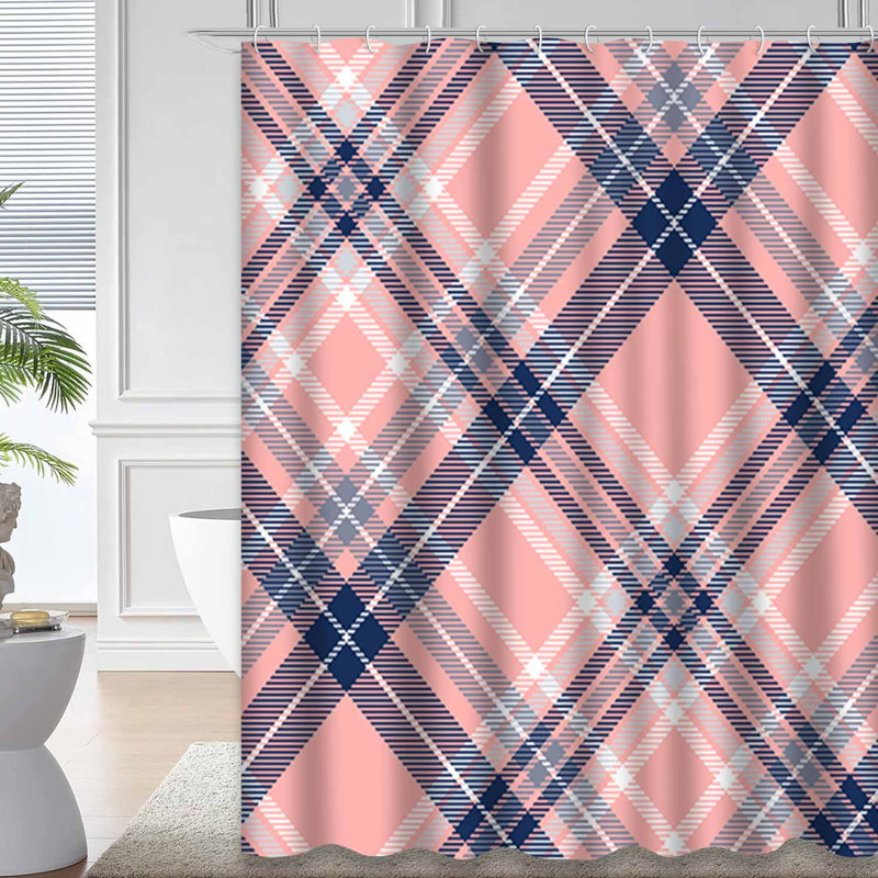 Rideau de douche sans couture à carreaux rose, bleu marine, blanc et 12 crochets, L 72 po x l 72 po