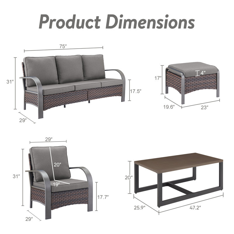 Bobra 5 Pieces Outdoor Patio Furniture Set With Cushions, Gray