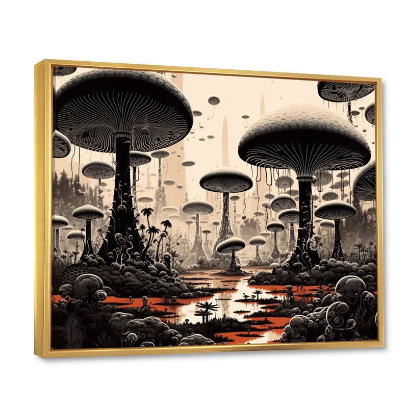Énigmatiques champignons magiques en noir et blanc I, Cadre flottant doré, H 12 po x l 20 po x P 1 po