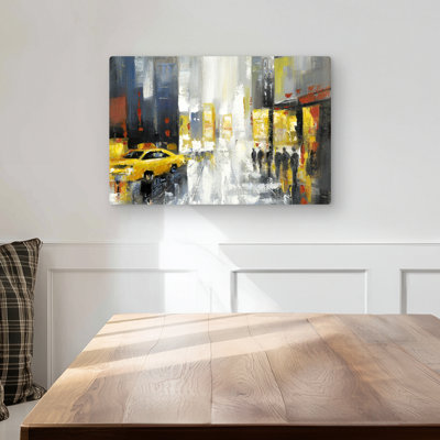 Rainy Busy Street - Yellow Scenic Metal Print for Home Decor
