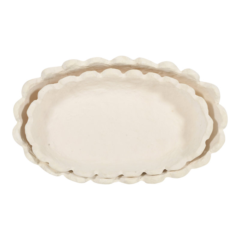 Bol décoratif en papier mâché à bord festonné pour console - Touche moderne et texturée pour bureau à domicile - Paquet de 2, 43 cm x 38 cm, ivoire