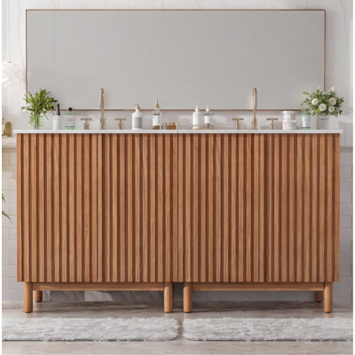 Traditional American Style 59.8-Inch Bathroom Vanity Combo with Ceramic Sink – Solid Wood Legs, MDF Construction, Soft-Close Doors, Adjustable U-Shaped Shelf