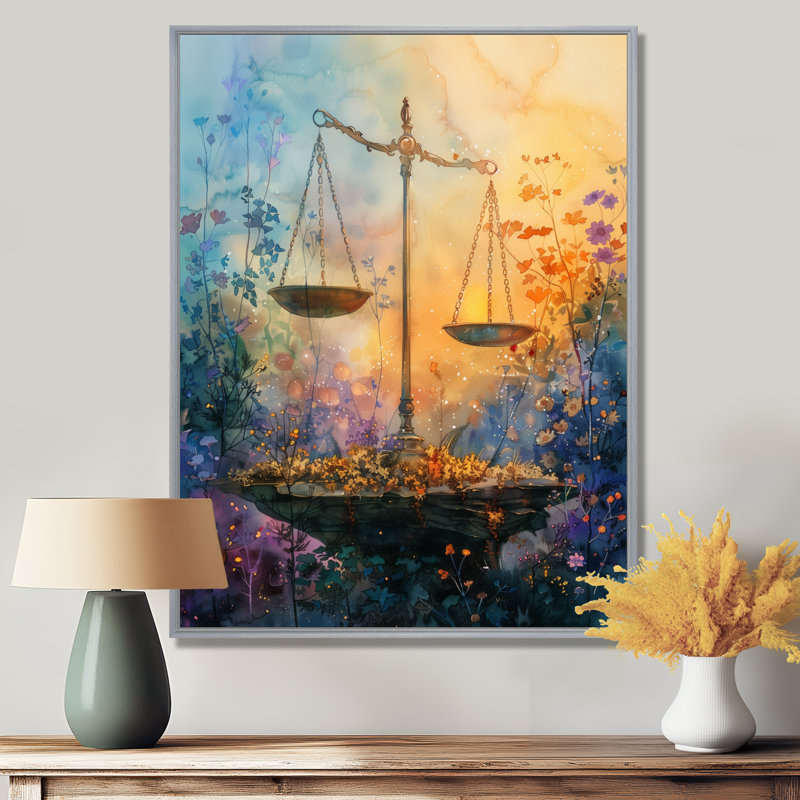 Décoration murale jaune et bleu astrologie équilibrée Balance III - Balance astronomique, H 44 po x l 34 po x P 1,5 po