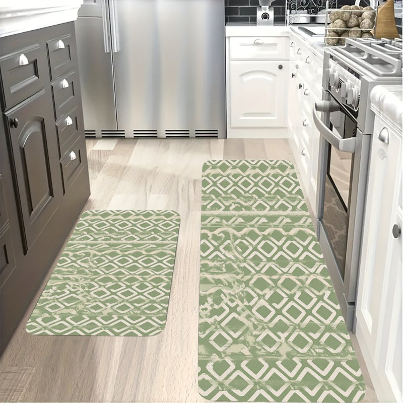 Ensemble de 2 tapis de cuisine à motif de losanges verts