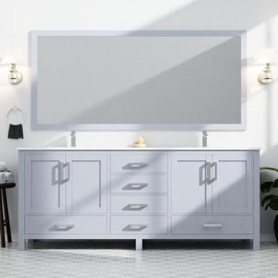 Meuble-lavabo double gris foncé l 84 po x P 22 po Plateau en marbre de culture, cadre en bois massif. Fonction de fermeture en douceur. Surface rayée et tachée. Deux armoires, quatorze tiroirs pour beaucoup de rangement. Pré-percé