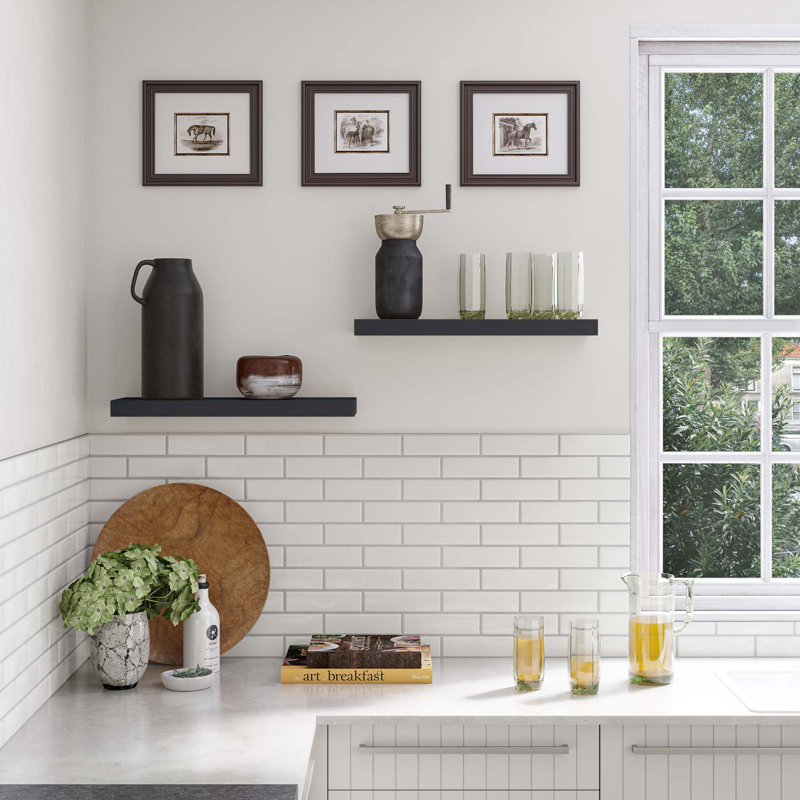 Black Veneered Wood Floating Wall Shelves with Invisible Brackets, Set of 2