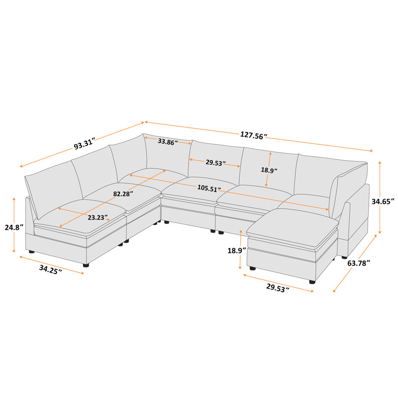  Cann 7-Piece Upholstered Modular Sectional Couch With Ottoman, Orange Polyester Blend