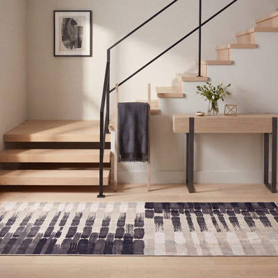 Tapis Brass2 moderne à rayures brossées grises et noires, lavable à la machine, antidérapant, à poils courts, pour intérieur et extérieur, adapté aux animaux domestiques, idéal pour le salon, la chambre, la salle à manger, l'entrée, le corridor ou le bureau.
