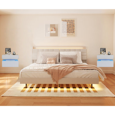 3-Pieces Bedroom Sets,Floating Bed Frame With LED Light And Charging Station And Two LED Nightstand With 2 High Gloss Drawers by Wrought Studio