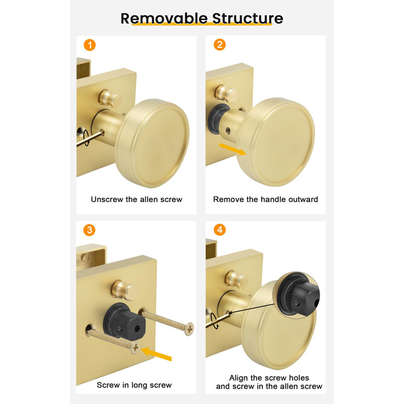 Poignées de porte intérieures dorées, en alliage de zinc brossé doré, pour chambre et salle de bain, robustes, carrées et rondes, en laiton - Lot de 5
