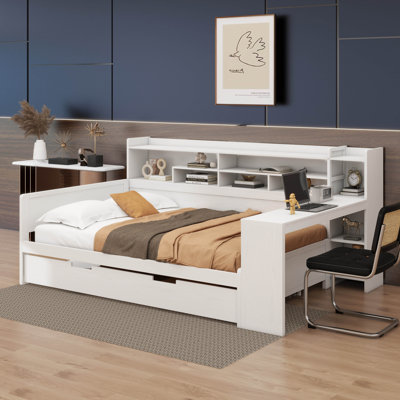 Wooden Frame Daybed With Trundle , Shelves, And Integrated Study Desk