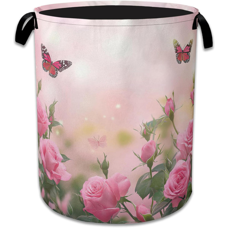Butterfly Laundry Basket,Oxford Cloth  Rose Laundry Hamper With Handle Foldable Portable Clothes Storage Basket For Laundry Room/Bedroom/Bathroom