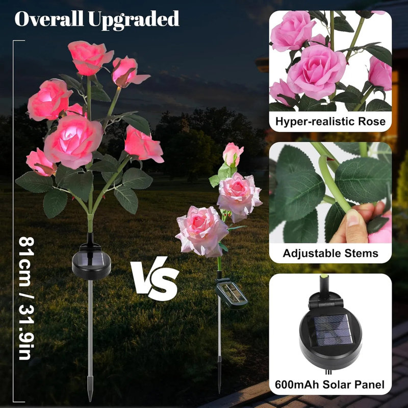 Paquet de 2 lumières solaires roses pour l'extérieur avec 14 fleurs roses, éclairage solaire pour la cour, Rose