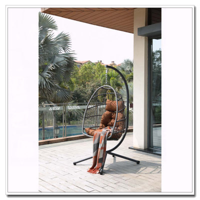 Wicker Hanging Egg Chair with Stand, Cup Holder, and Removable Guardrail