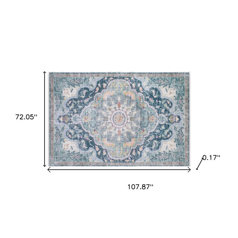 Tapis lavable délavé 6 pi x 9 pi bleu sarcelle et blanc