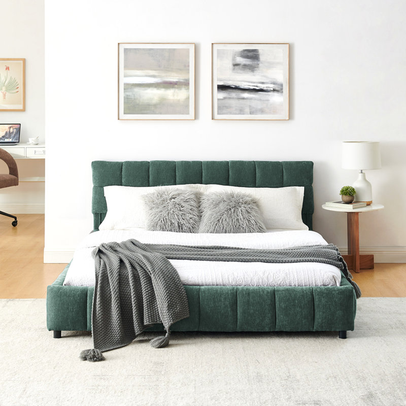 Grand lit tapissier, cadre de lit rembourré confortable, tissu chenille, avec tête de lit et base de lit solide. Avec tiroir de rangement - vert (88,5 po x 68,5 po x 31 po)