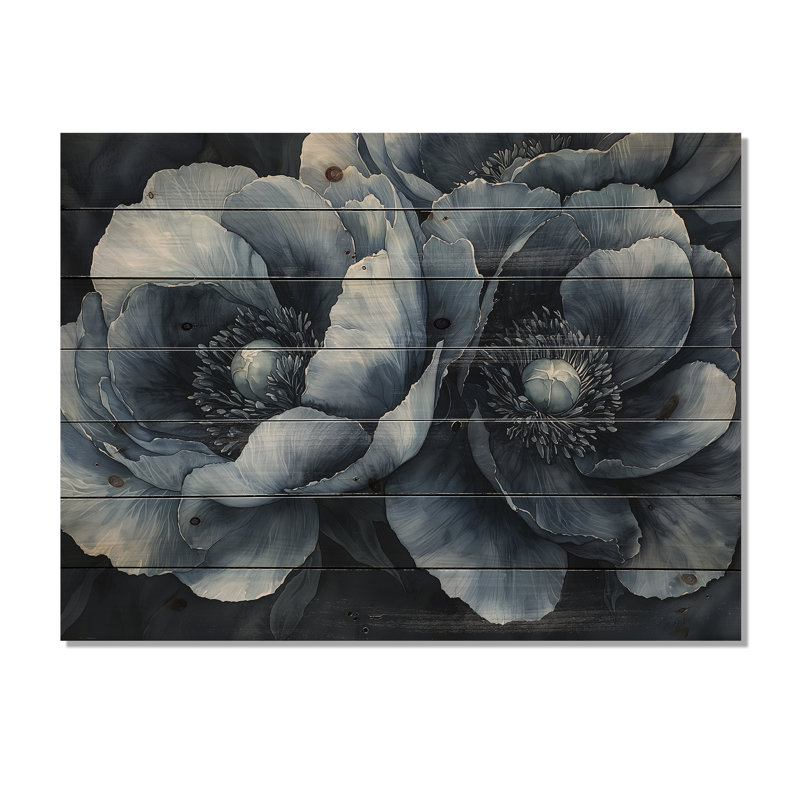 Blue Mid Night Harmony Peonies I - Peonies Wood Wall Art - On Natural Pine Wood, 30" H x 40" W x 0.78" D