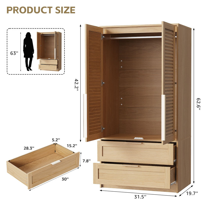 Armoire-penderie autoportante en bois avec 2 tiroirs