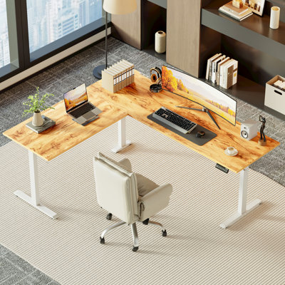 75 Inch L Shaped Standing Desk, Electric Height Adjustable Home Office Desk, Large Ergonomic Computer Desk with 3 Memory Buttons, Cable Management, Corner Desk for Home & Office Workstations, Light Rustic Brown