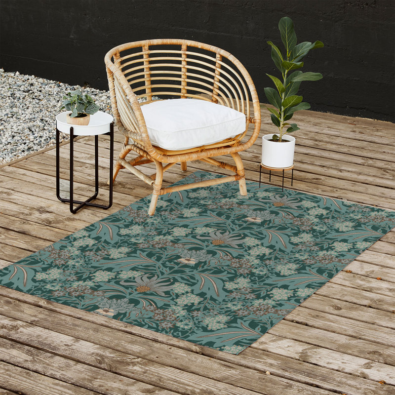 Tapis d'extérieur rectangulaire en polyester / chenille tissé à plat à motif floral Rahki, Rectangle 5 pi x 7 pi