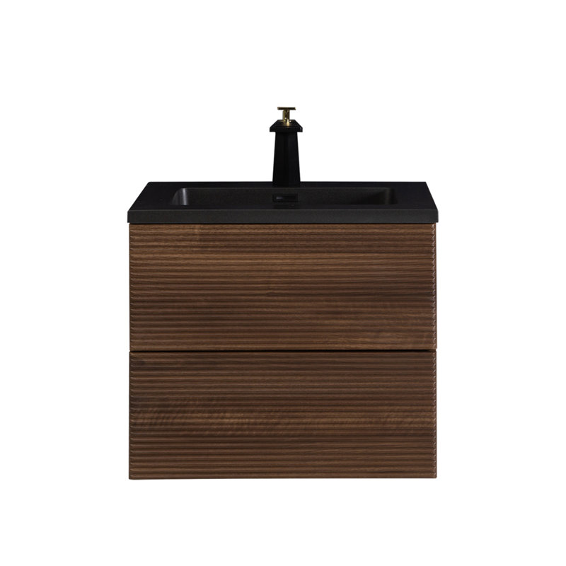 Canal 24 po L x 19 po P 2 tiroirs Meuble-lavabo mural avec évier simple et Comptoir en Quartz noir d'ingénierie, Noir