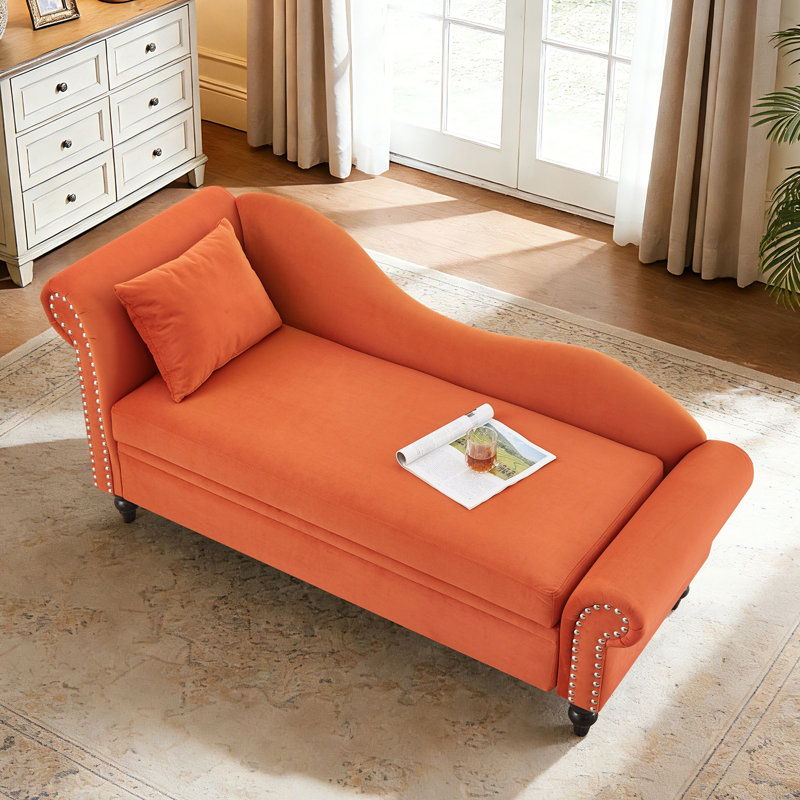 Chaise longue en velours avec rangement, accoudoir gauche et coussin lombaire, Orange