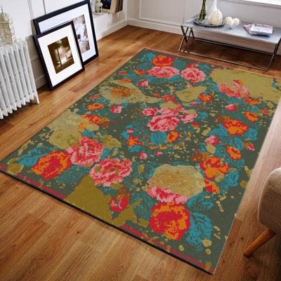Tapis rose / orange / bleu en jute tissé à la machine Maisonet