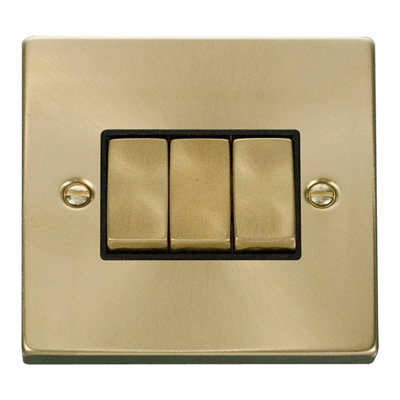 Satin Brass 10A 3 Gang 2 Way Ingot Light Switch