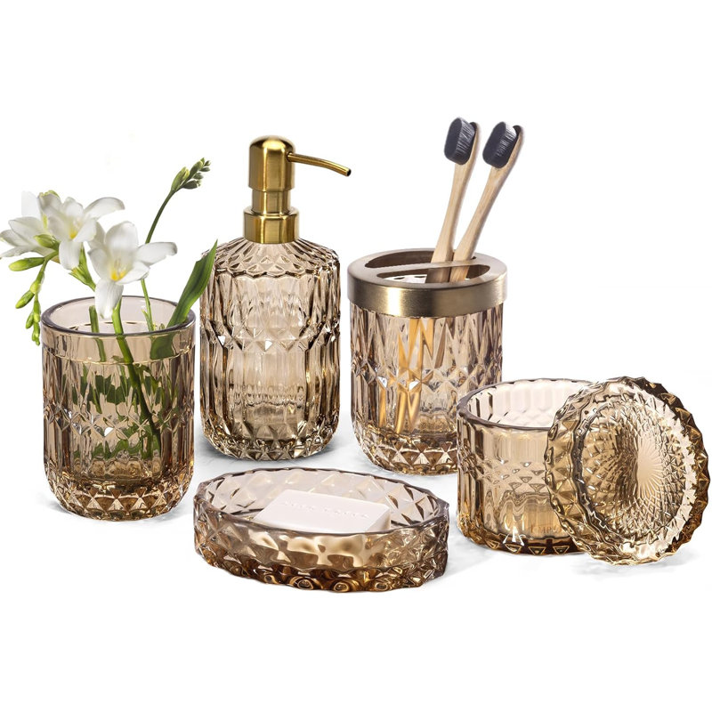 6PCS Bathroom Clear Glass Accessories Set,Brown