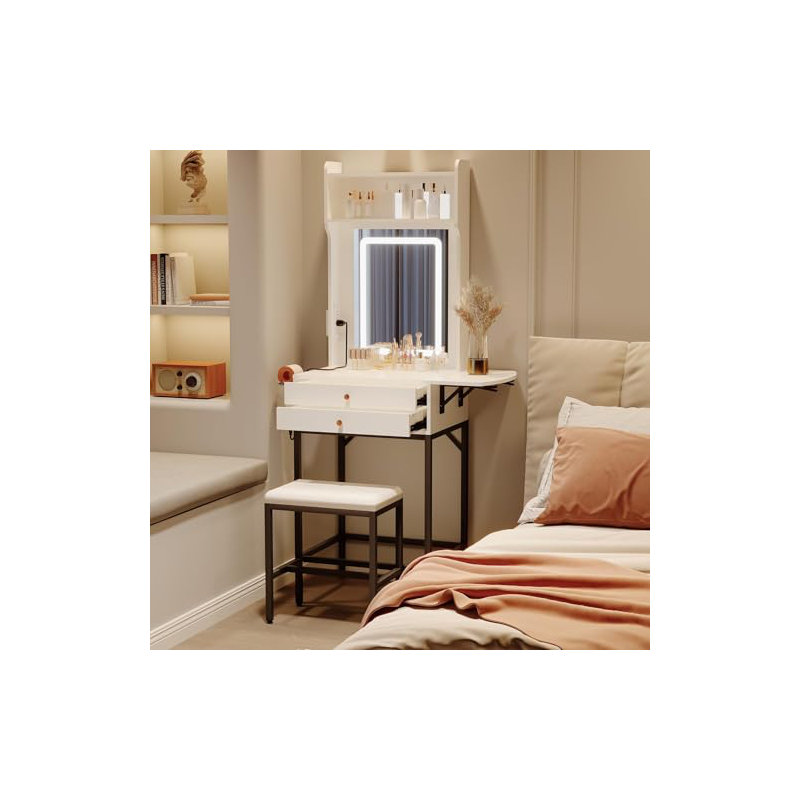 Small Makeup Vanity Desk with Mirror and Lights, Compact Vanity Table with Adjustable Tri-Color LED, 2 Drawers, Hair Dryer Holder