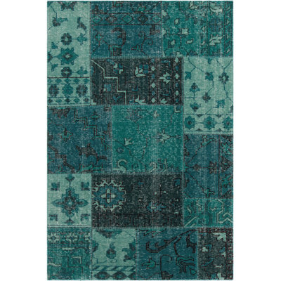 Fusion Patterned Knotted Contemporary Teal Area Rug