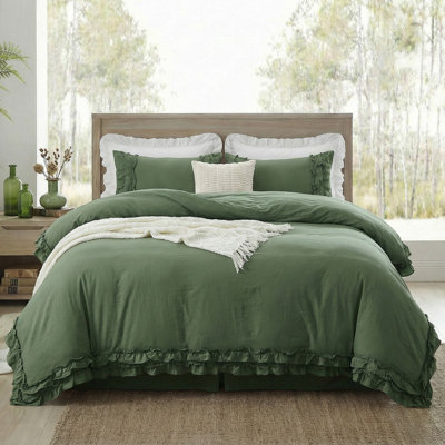Avocado Duvet Cover Ruffled Bedding Set Pleated Ruffle Fringe Bedding Super Soft Cozy Boho Bedroom Bedding for All Season