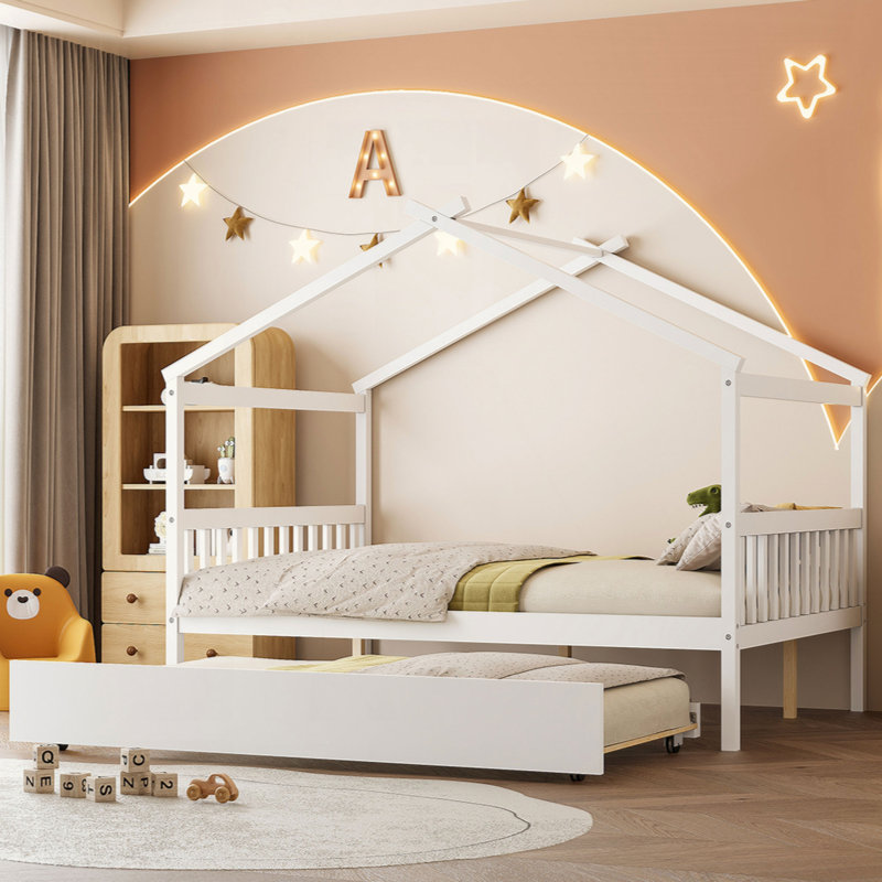 Lit en bois avec lit gigogne simple, Blanc, Double